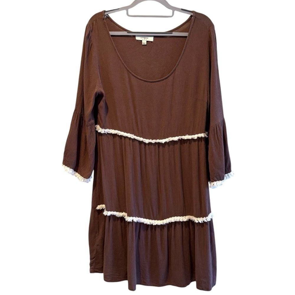 Umgee Babydoll Mini Dress Brown Boho Fringe Tiered Bell Sleeve Women Size L